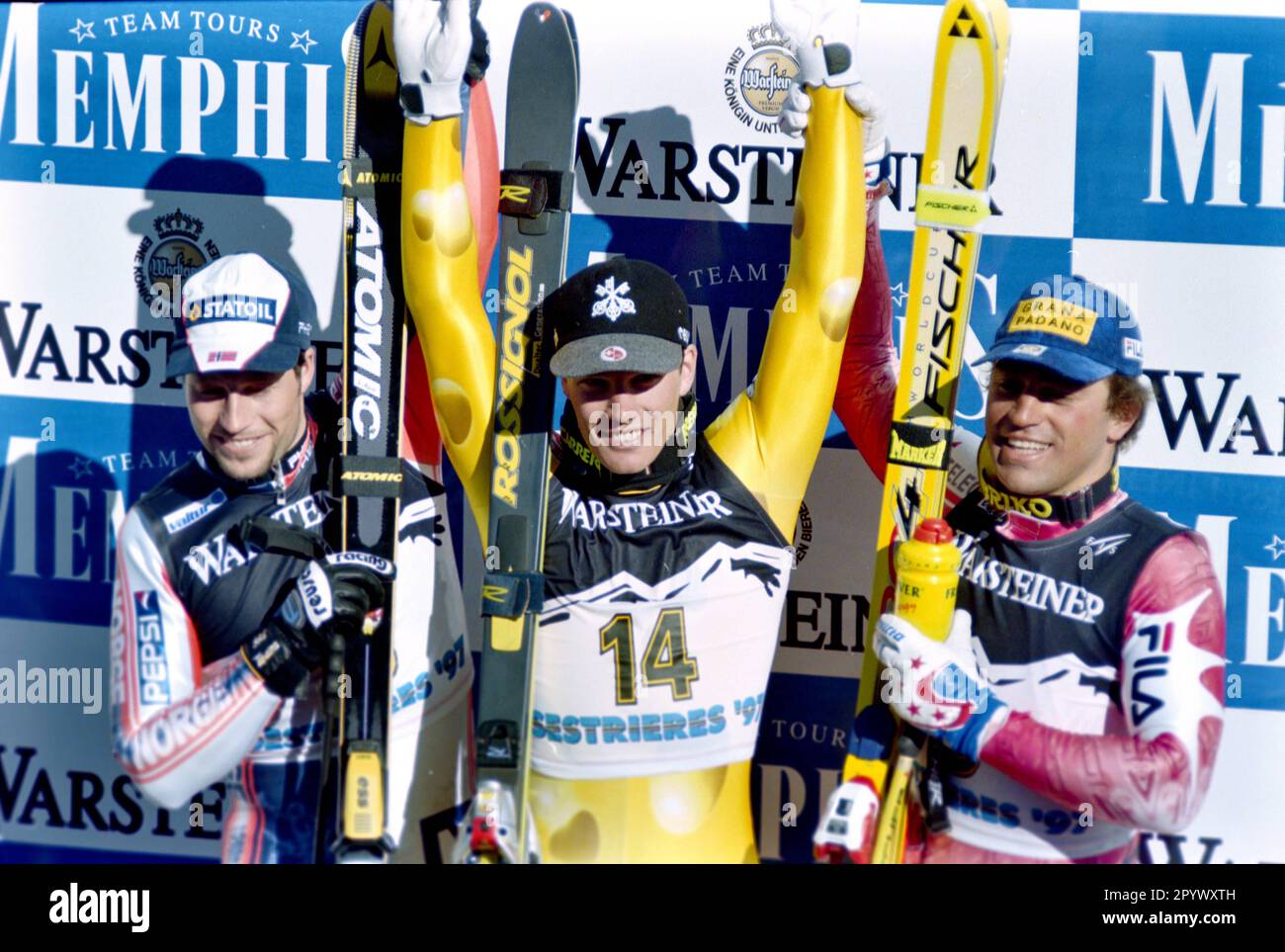SKI ALPIN STAGIONE 96/97 Campionati del mondo 1997 Sestriere Downhill Men 08.02.1997 Lasse KJUS (NÉ a sinistra), Bruno KERNEN (sui), Kristian GHEDINA (ITA) FOTO: WEREK Press Photo Agency xxNOxMODELxRELEASExx [traduzione automatica]- AUSTRIA OUT Foto Stock