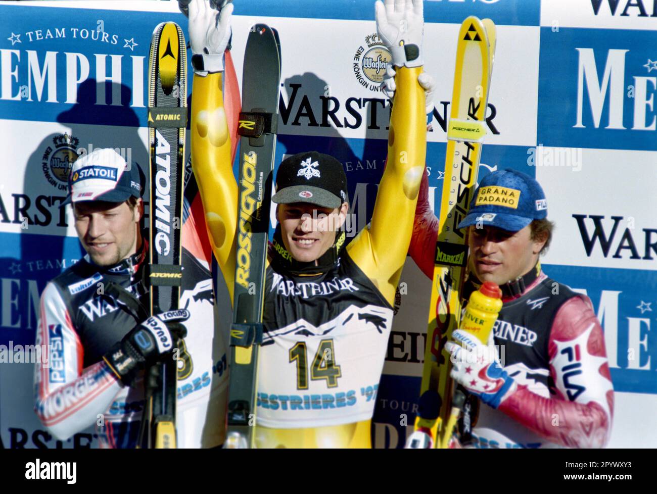 SKI ALPIN STAGIONE 96/97 Campionati del mondo 1997 Sestriere Downhill Men 08.02.1997 Lasse KJUS (NÉ a sinistra), Bruno KERNEN (sui), Kristian GHEDINA (ITA) FOTO: WEREK Press Photo Agency xxNOxMODELxRELEASExx [traduzione automatica]- AUSTRIA OUT Foto Stock