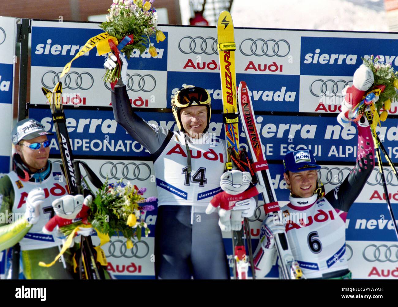 SKI ALPIN STAGIONE 95/96 Campionati del mondo 1996 Sierra Nevada Combined Men 19.02.1996 Lasse KJUS (NOR left), Marc GIRADELLI (LUX), Guenther MADER (AUT) alla cerimonia di premiazione. PHOTO: WEREK Press Photo Agency xxNOxMODELxRELEASExx [traduzione automatica]- AUSTRIA OUT Foto Stock