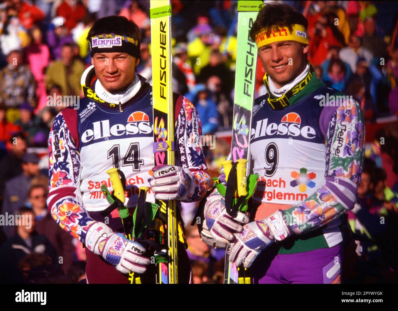 SKI ALPIN STAGIONE 90/91 WM 1991 Saalbach-Hinterglemm combinazione uomini 30.01.1991 Stephan EBERHARTER (a sinistra) e Guenter MADER (a destra entrambi AUT) xxNOxMODELxRELEASExx [traduzione automatica]- AUSTRIA OUT Foto Stock