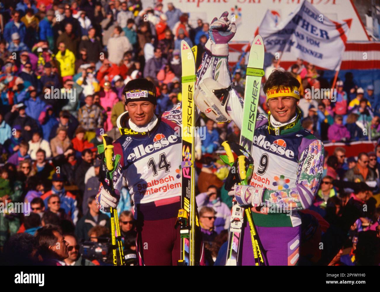 SKI ALPIN STAGIONE 90/91 WM 1991 Saalbach-Hinterglemm combinazione uomini 30.01.1991 Stephan EBERHARTER (a sinistra) e Guenter MADER (a destra entrambi AUT) xxNOxMODELxRELEASExx [traduzione automatica]- AUSTRIA OUT Foto Stock