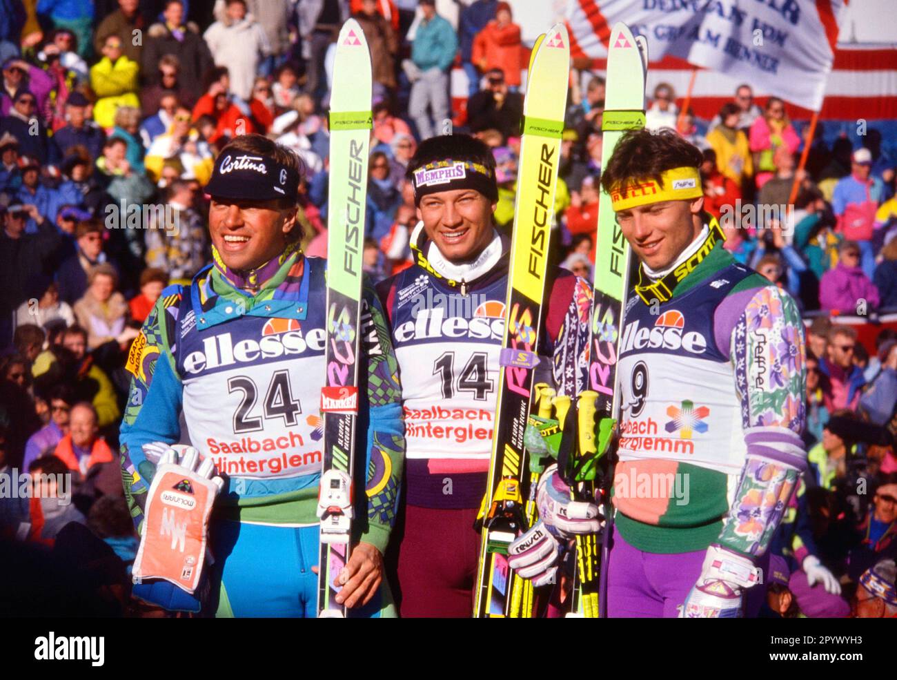 SKI ALPIN STAGIONE 90/91 WM 1991 Saalbach-Hinterglemm combinazione uomini 30.01.1991 Kristian GHEDINA (ITA a sinistra), Stephan EBERHARTER (al centro) e Guenter MADER (a destra entrambi AUT) xxNOxMODELxRELEASExx [traduzione automatica]- AUSTRIA OUT Foto Stock