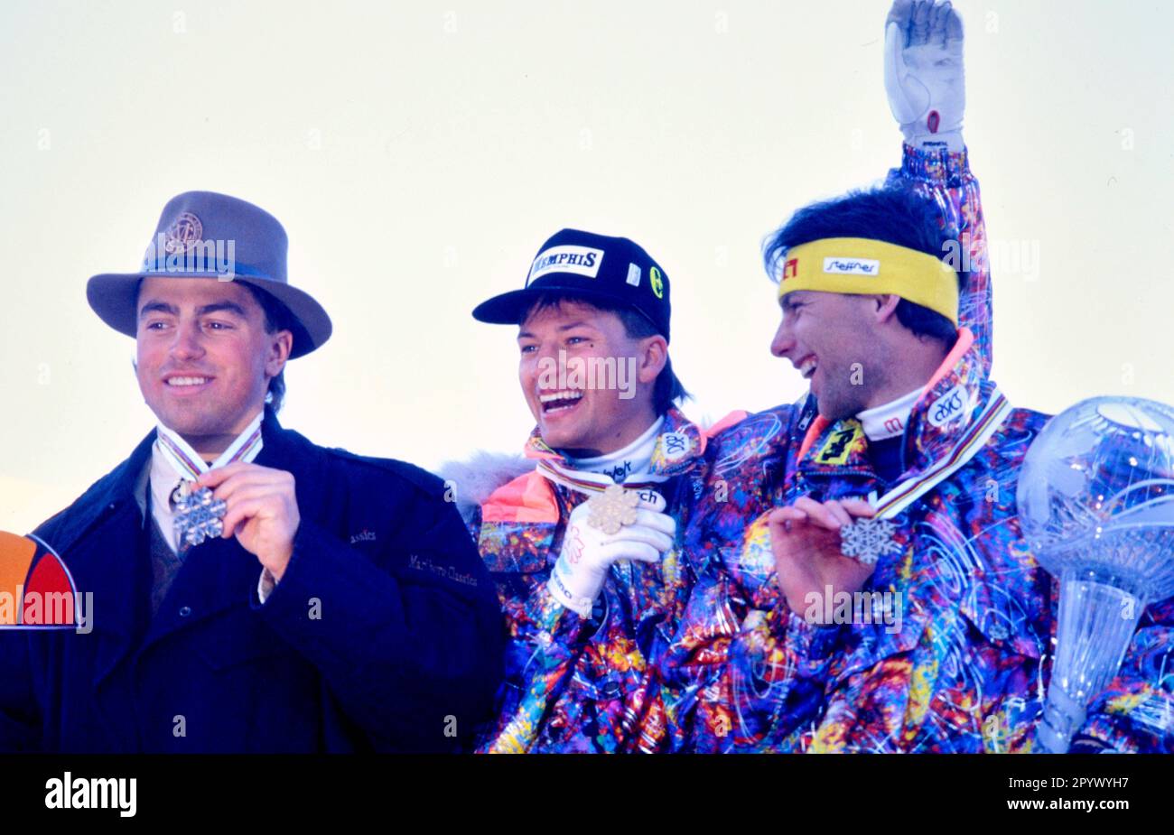 SKI ALPIN STAGIONE 90/91 WM 1991 Saalbach-Hinterglemm combinazione uomini 30.01.1991 Kristian GHEDINA (ITA a sinistra), Stephan EBERHARTER (al centro) e Guenter MADER (a destra entrambi AUT) xxNOxMODELxRELEASExx [traduzione automatica]- AUSTRIA OUT Foto Stock