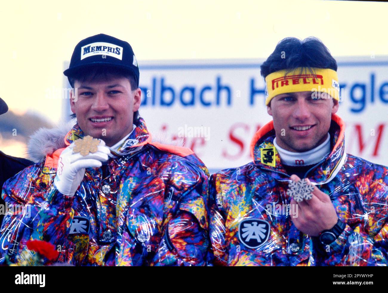 SKI ALPIN STAGIONE 90/91 WM 1991 Saalbach-Hinterglemm combinazione uomini 30.01.1991 Stephan EBERHARTER (a sinistra) e Guenter MADER (a destra entrambi AUT) xxNOxMODELxRELEASExx [traduzione automatica]- AUSTRIA OUT Foto Stock