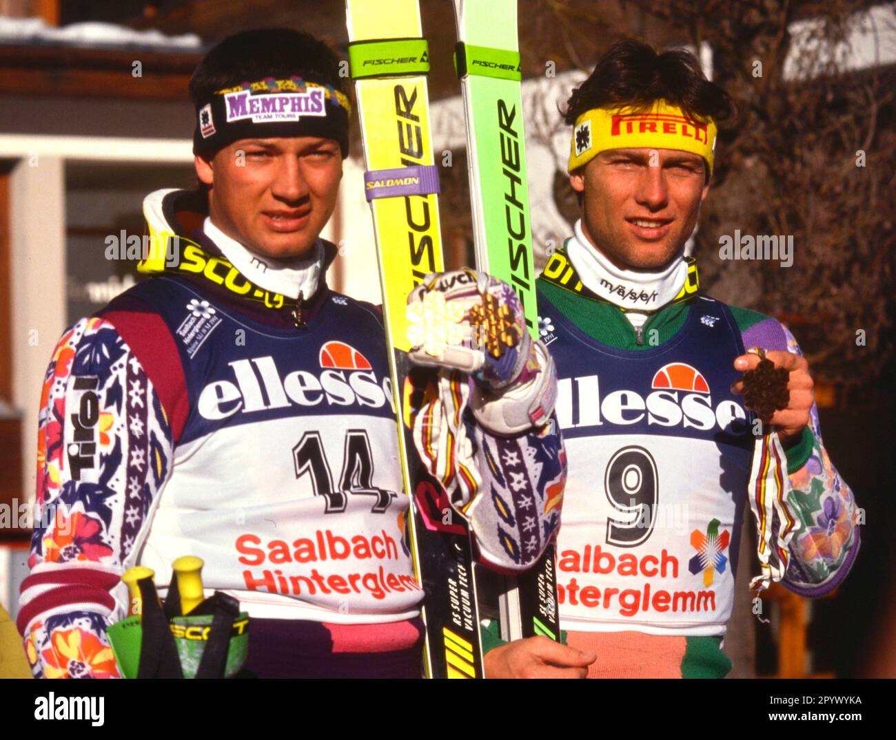 SKI ALPIN STAGIONE 90/91 WM 1991 Saalbach-Hinterglemm combinazione uomini 30.01.1991 Stephan EBERHARTER (a sinistra) e Guenter MADER (a destra entrambi AUT) xxNOxMODELxRELEASExx [traduzione automatica]- AUSTRIA OUT Foto Stock