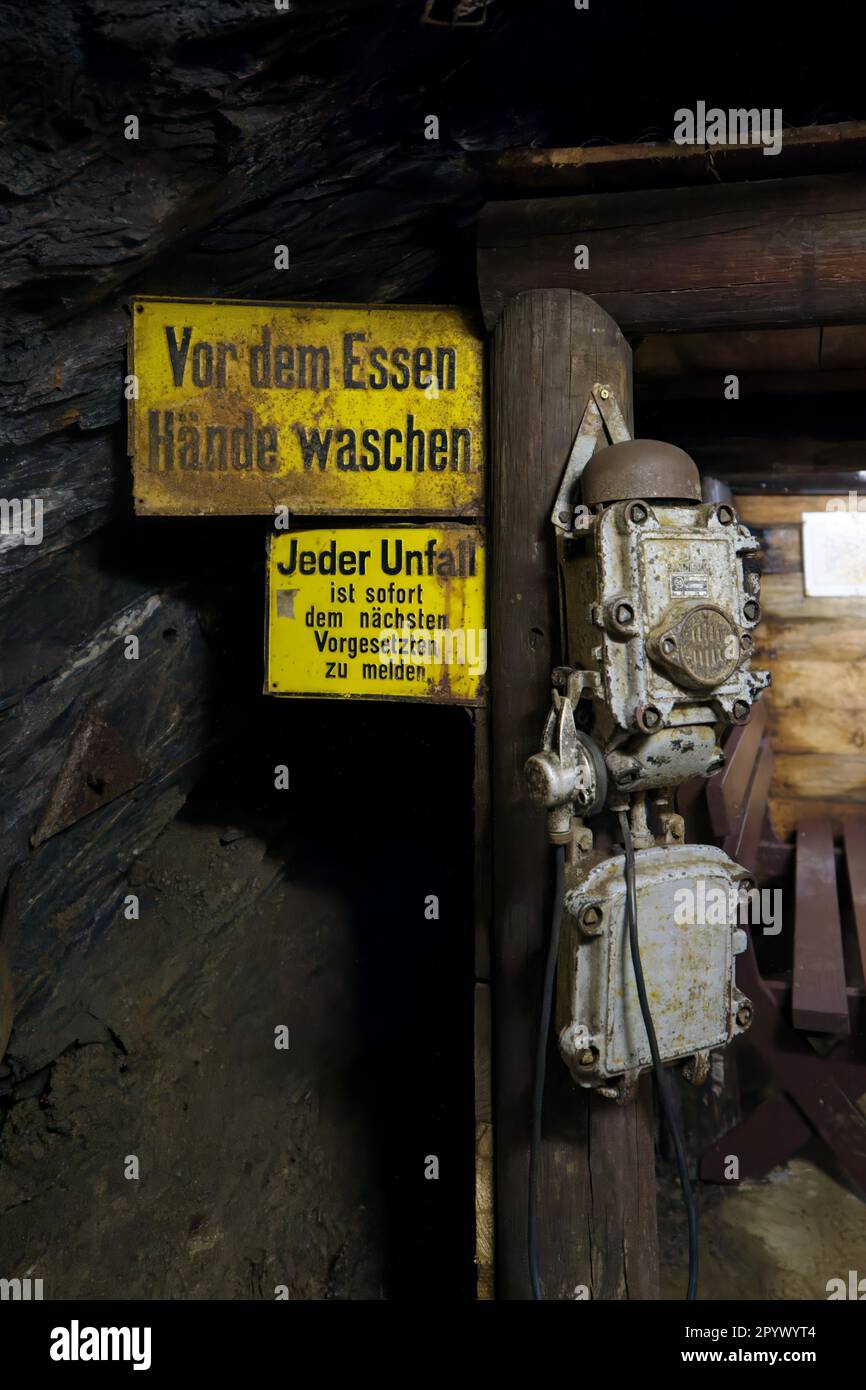 Lavatevi le mani, riposatevi nella galleria delle miniere, sito della miniera di Rammelsberg, Goslar, Harz, bassa Sassonia, Germania Foto Stock