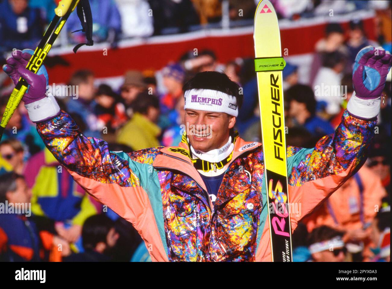 SKI ALPIN STAGIONE 90/91 Campionato del mondo 1991 Saalbach-Hinterglemm Super G uomini 23.01.1991 Stephan EBERHARTER (AUT) celebra il suo titolo di Campionato del mondo. XxNOxMODELxRELEASExx [traduzione automatica]- AUSTRIA OUT Foto Stock