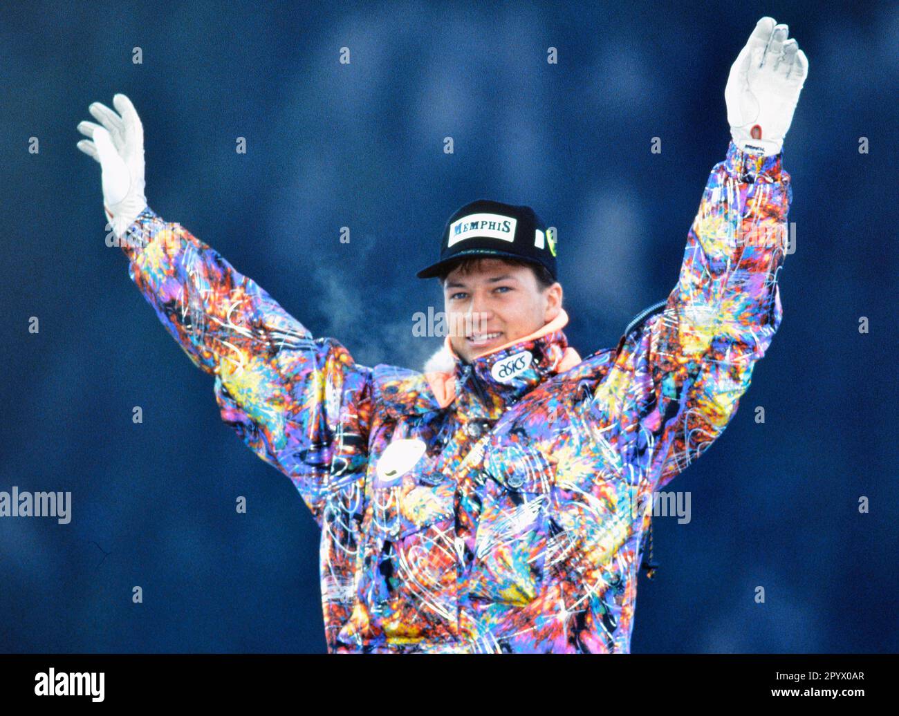 SKI ALPIN STAGIONE 90/91 Campionato del mondo 1991 Saalbach-Hinterglemm Super G uomini 23.01.1991 Stephan EBERHARTER (AUT) celebra il suo titolo di Campionato del mondo. XxNOxMODELxRELEASExx [traduzione automatica]- AUSTRIA OUT Foto Stock
