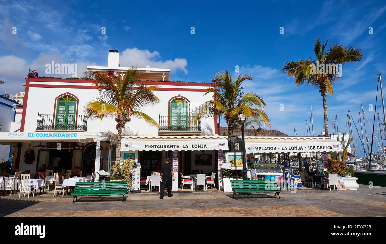 Case di colore bianco, palme, turisti, negozi, ristoranti, Venezia di Gran Canaria, Puerto de Mogan, Costa sud-occidentale, Gran Canaria, Canarie Foto Stock