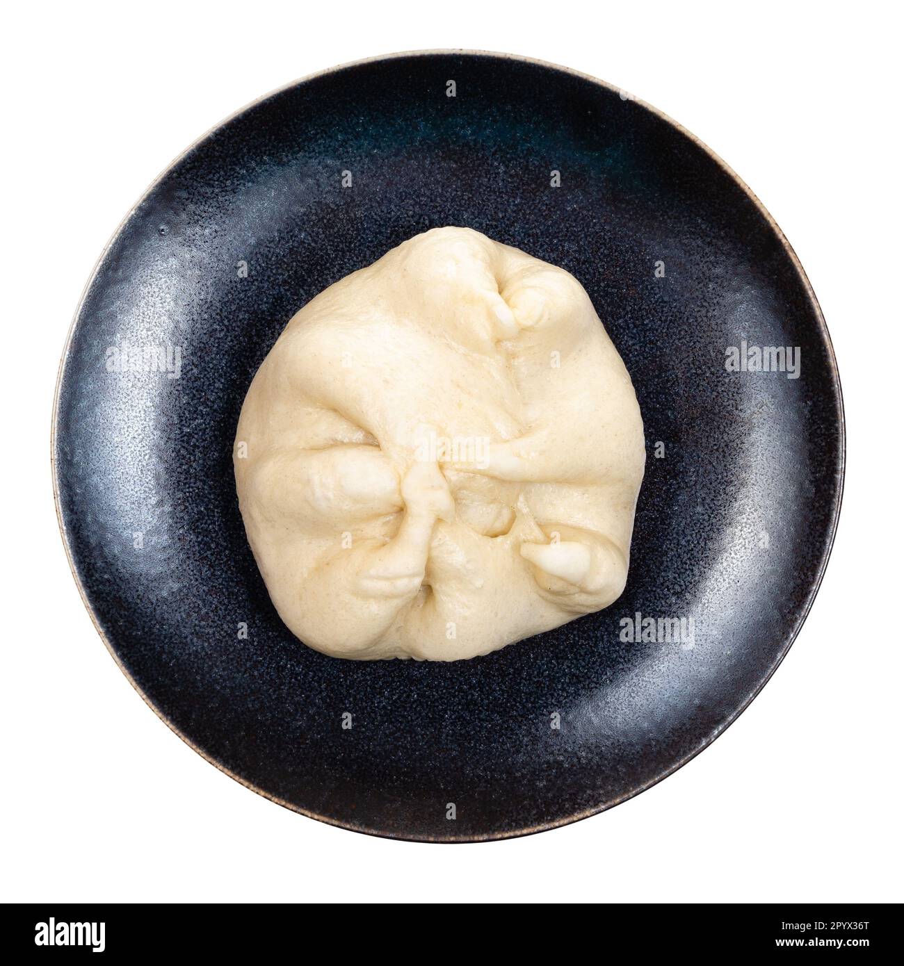 Vista dall'alto del panino al vapore Banh Bao con pollo, verdure, uova, funghi, funghi, scelta di funghi sul piatto ritagliato su sfondo bianco Foto Stock