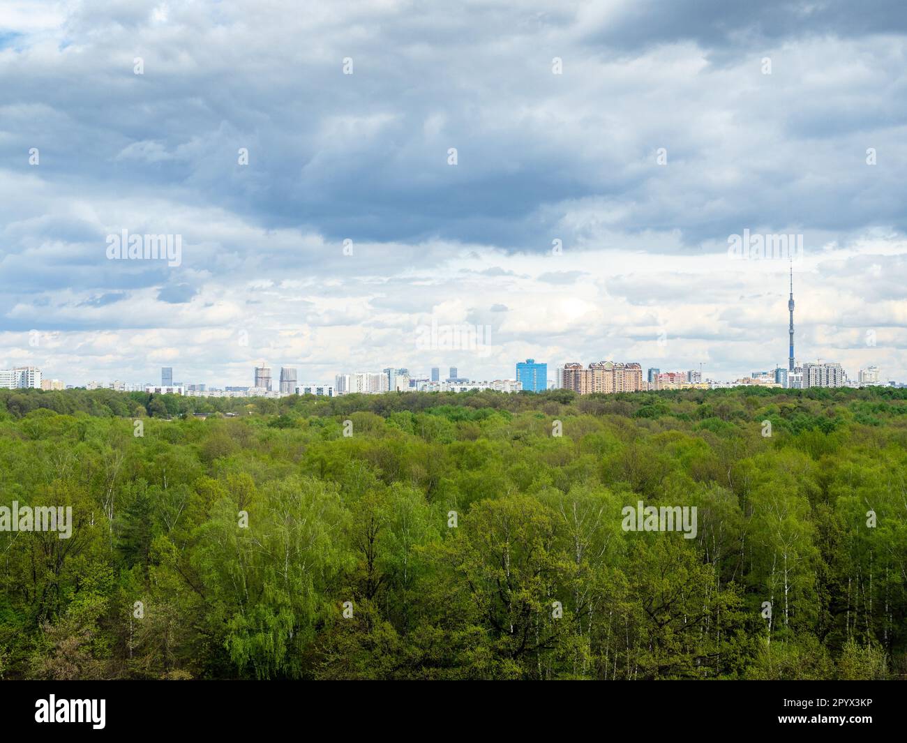 le nubi piovose grigie sopra la foresta verde e la città all'orizzonte il giorno di primavera Foto Stock