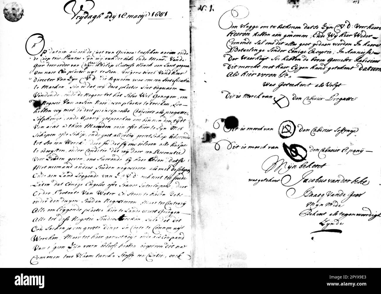 Trattato sull'acquisizione della colonia di Groß-Friedrichsburg sulla Costa Occidentale / Costa d'Oro dell'Africa nell'attuale Ghana. Per conto dell'elettore di Brandeburgo Friedrich Wilhelm, Jakobus Van der Boecke e Isaak van de Goorn firmarono il contratto con i governanti locali. Il trattato è in olandese. [traduzione automatica] Foto Stock