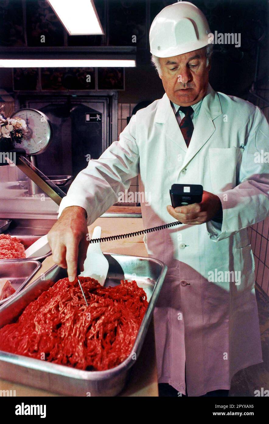 Data di registrazione: 19.04.1996 ispezione di un grossista di prodotti a base di carne da parte del veterinario dell'Ufficio veterinario del comune di Bonn. Qui: Controllo del deposito e della temperatura della carne di carne macinata. [traduzione automatica] Foto Stock