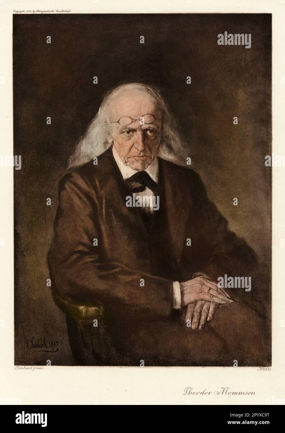 Theodor Mommsen (1817-1903), storico e giurista tedesco. Mommsen ha ricevuto il Premio Nobel per la letteratura nel 1902 per il suo multi-volume "Storia Romana". Il suo lavoro scientifico divenne fondamentale per l'epigrafia e la storia giuridica. Pittura di Franz von Lenbach. Foto: Heliogravure, Corpus Imaginum, Hanfstaengl Collection. [traduzione automatica] Foto Stock