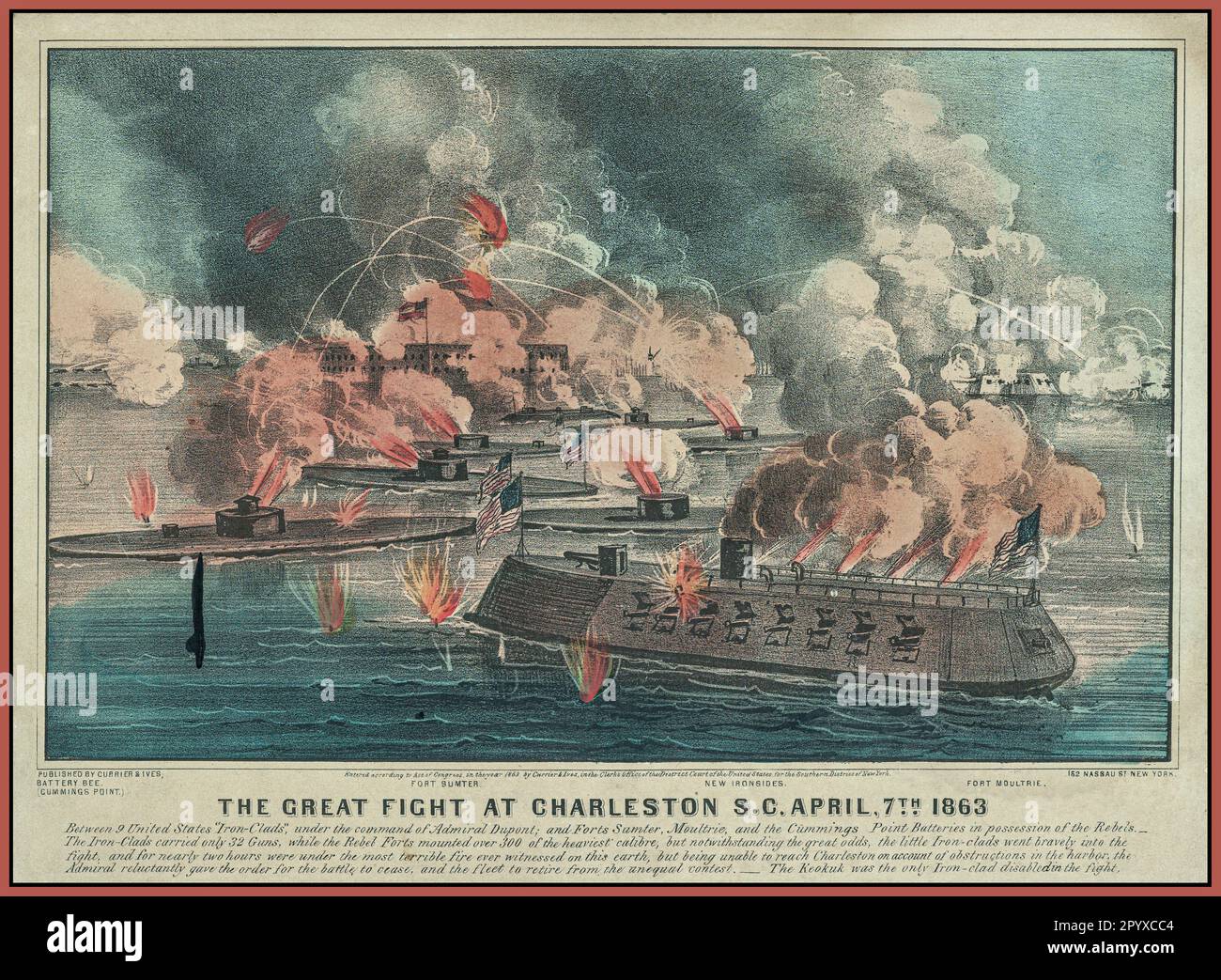 ILLUSTRAZIONE DELLA GUERRA CIVILE AMERICANA 'la grande lotta a Charleston S.C. Aprile, 7th 1863- tra 9 Stati Uniti 'ferro-clads,' sotto il comando dell'ammiraglio Dupont; e Forts Sumter, Moultrie, e le Cummings e le batterie di punta in possesso dell'esercito confederato ribelle' Foto Stock