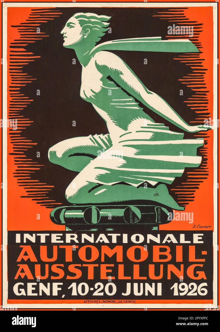 Poster Vintage Motor Show 1926 Ginevra Svizzera. 'Internationale Automobil-Ausstellung GENF.10-20 Juni 1926 di J Courvoisier artista Foto Stock