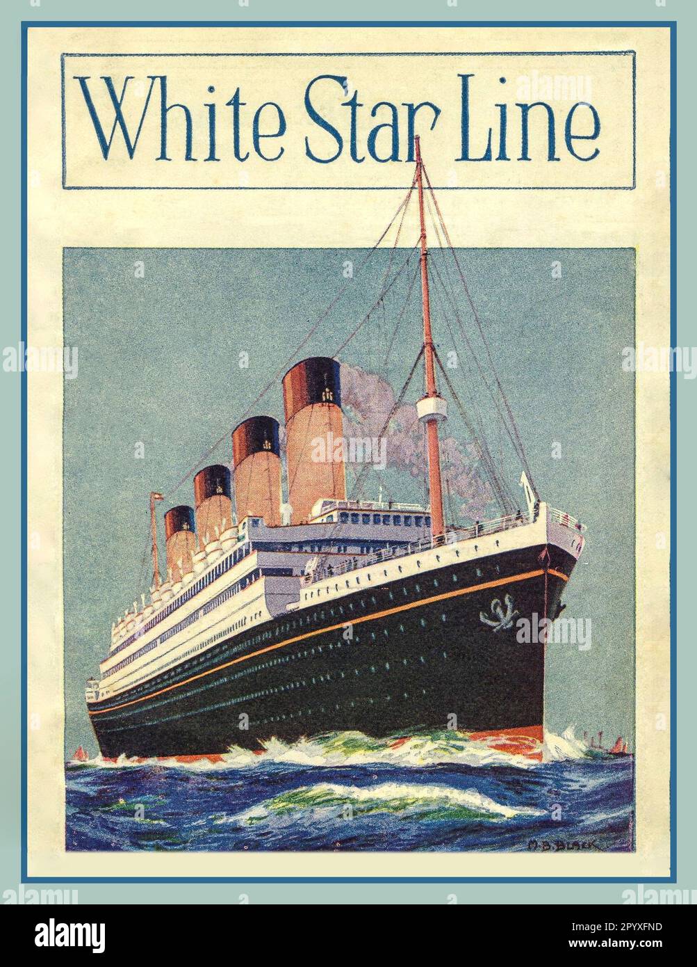 Poster vintage White Star Line anni '1900 con la nave gemella di RMS Titanic, l'RMS Olympic. Transatlantici quasi identici sotto ogni aspetto. Artista M B Black Foto Stock