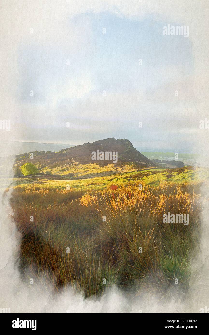 Paesaggio brughiere del Regno Unito. Pittura digitale di acquerello di Hen Cloud all'alba nel Parco Nazionale del Peak District, Regno Unito. Foto Stock