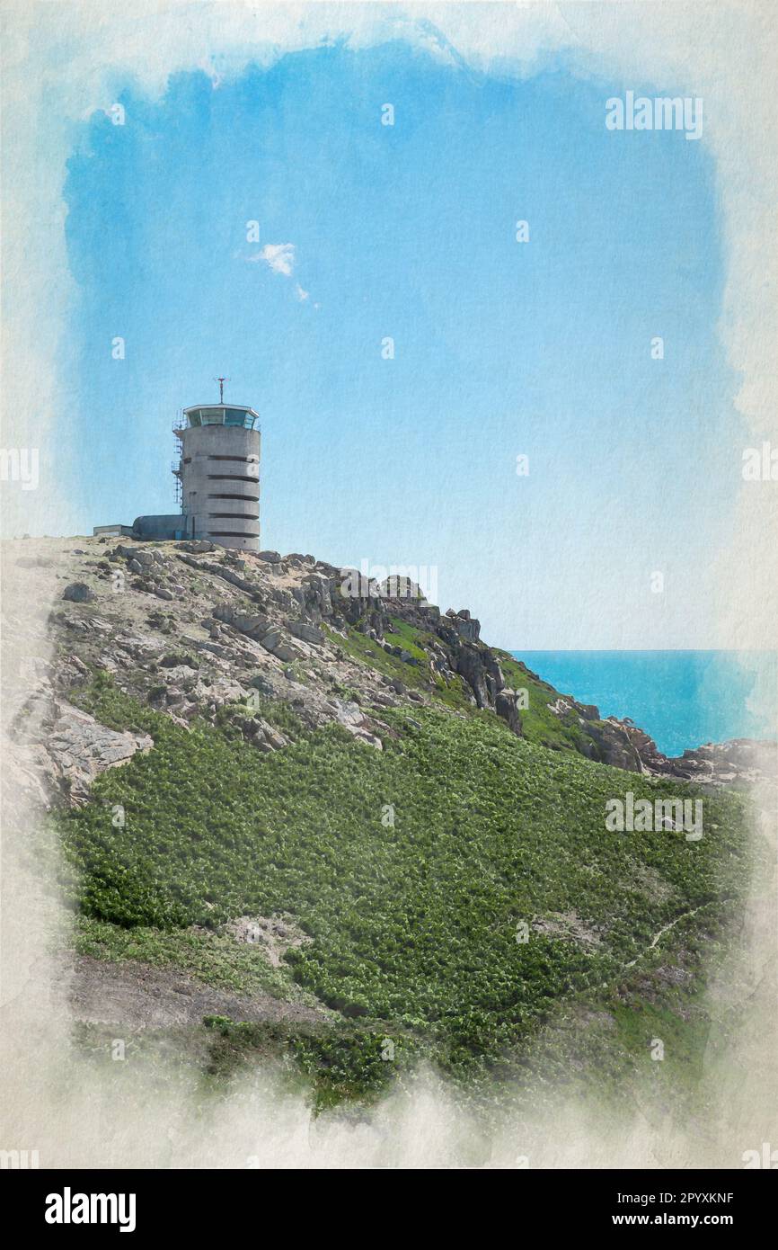 Pittura digitale ad acquerello dell'iconica torre di avvistamento la Corbiere del WW2 sulla punta di St Brelade, Jersey, Isole del canale, Isole Britanniche. Foto Stock