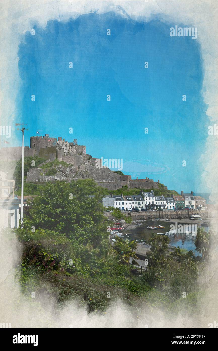Un dipinto digitale acquerello dell'iconico Castello di Mont Orgueil. Porto di Gorey, Jersey, Isole del canale, Isole Britanniche. Foto Stock