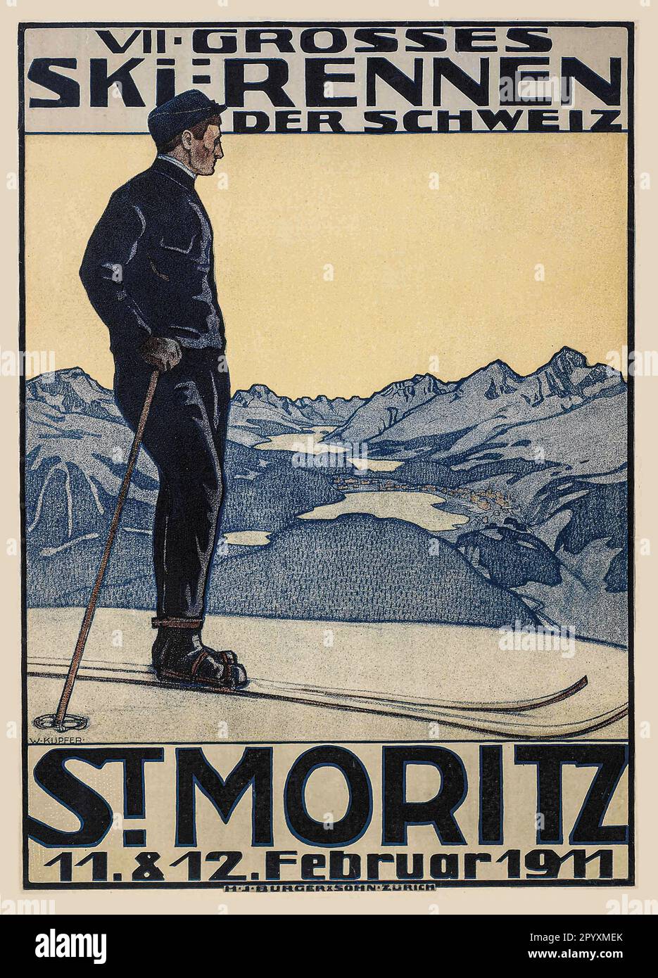 Poster Sci d'epoca '7th Grande gara di sci in Svizzera. St Moritz 11 e 12 febbraio 1911 artista W. Kupfer 'VII GROSSES SKI RENNEN Der Schweiz' Foto Stock