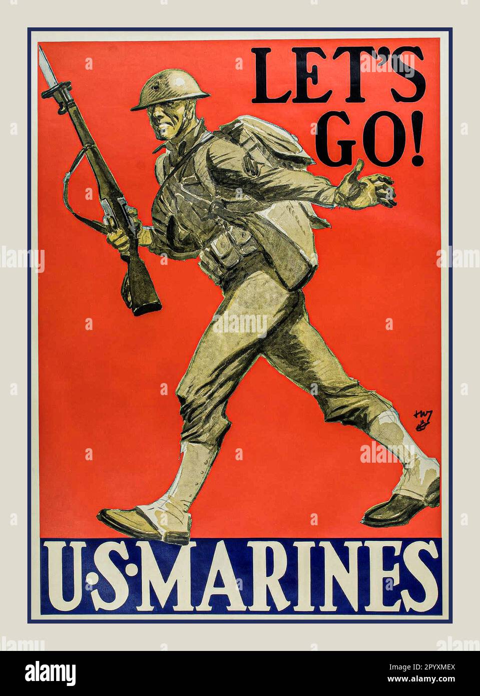 Poster vintage di propaganda in stile retrò dei MARINES statunitensi degli anni '1940 della seconda guerra mondiale, che mostra un marine statunitense con fucile in uniforme, sotto la didascalia "LET'S GO!" E sotto un blocco blu con testo bianco, che recita 'U.S. Marines'. Foto Stock