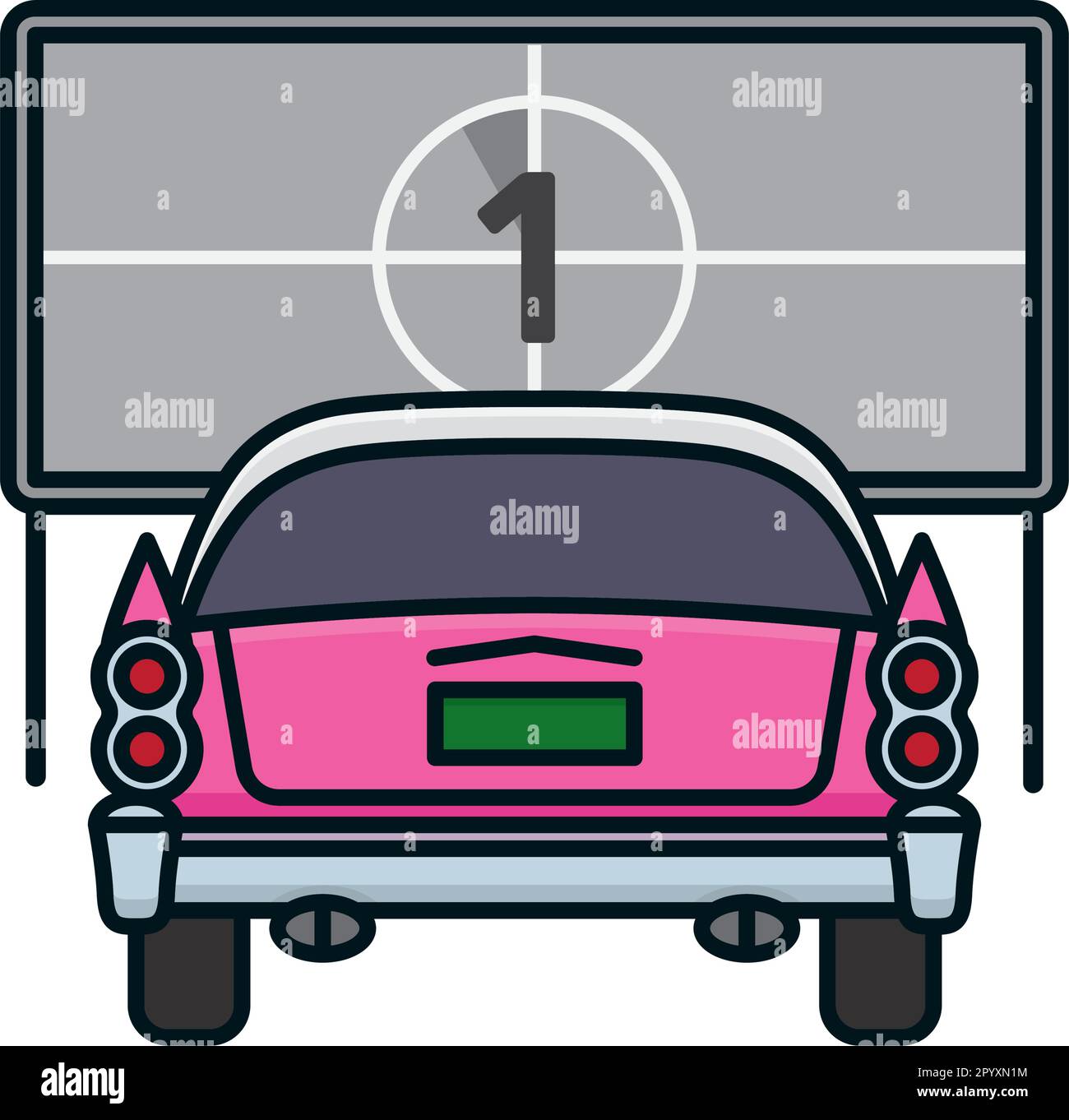 Auto americana d'epoca al drive-in cinema isolato illustrazione vettoriale per Drive-in Movie Day il 6 giugno Illustrazione Vettoriale