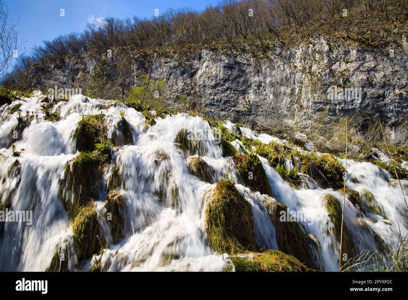 Una bella cascata in una lussureggiante area boschiva nel Parco Nazionale di Plitvice, Croazia Foto Stock