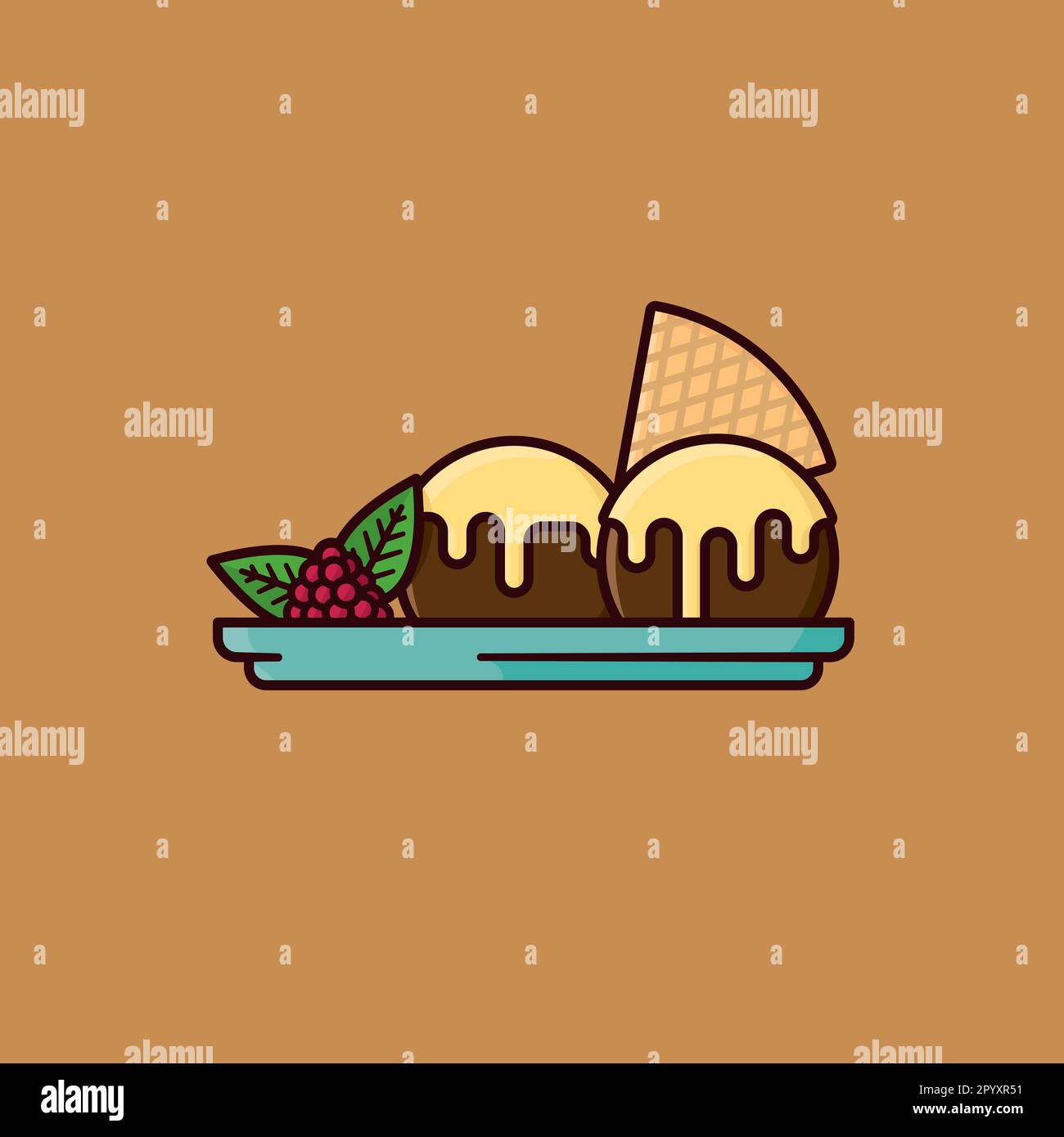 Misurini di gelato con guarnizione alla vaniglia e lampone su piastra vettoriale illustrazione per il giorno del gelato al cioccolato il 7 giugno Illustrazione Vettoriale