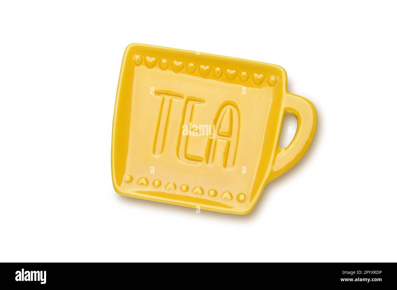 Ceramica gialla usato teabag piatto o piatti utensili da cucina dall'alto isolato tagliato su sfondo bianco Foto Stock