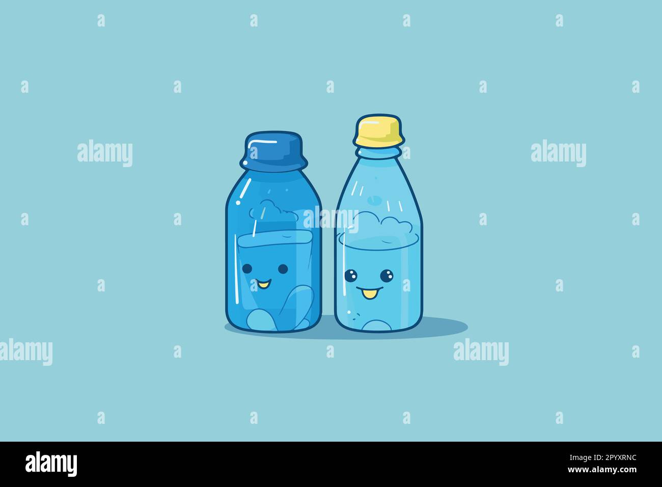 Un disegno piatto del vettore delle bottiglie carine felici sorridenti del cartone animato dell'acqua potabile di emoji. Un paio di illustrazioni delle bottiglie. Illustrazione Vettoriale