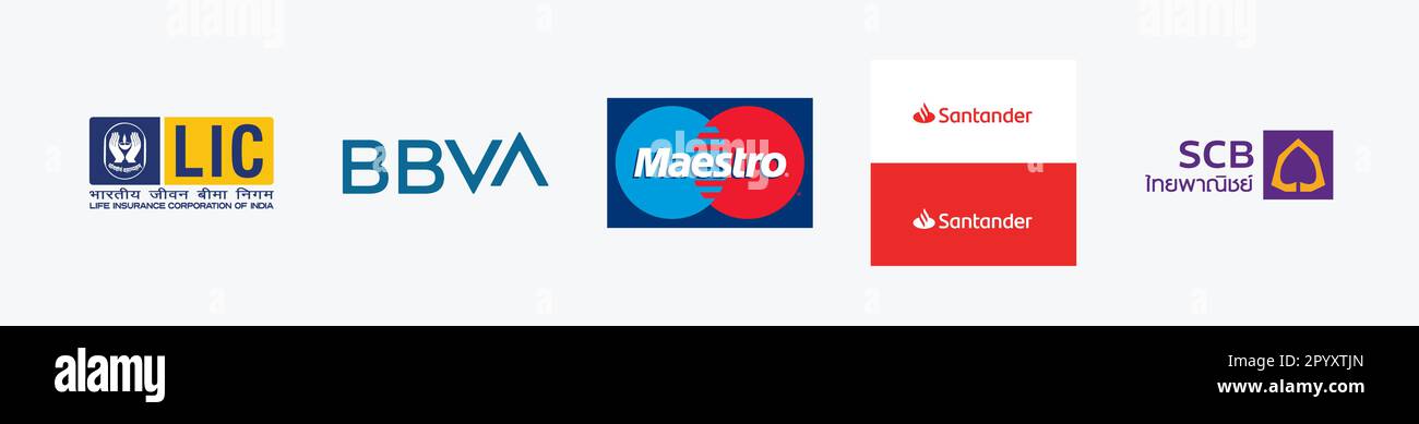 Logo Banco Santander, Logo Maestro, Logo BBVA, Logo LIC India, Logo SCB Bank. Illustrazione del logo vettore finanziario e contabile. Logo vettoriale isolato Illustrazione Vettoriale