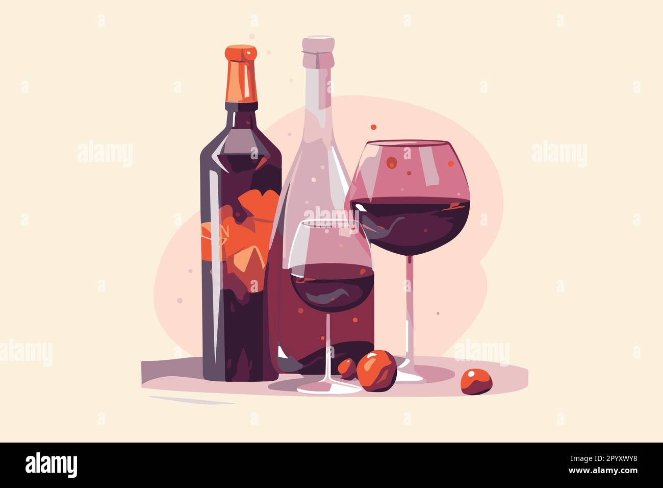 Una bottiglia di vino piatto e due bicchieri di vino rosso Illustrazione Vettoriale