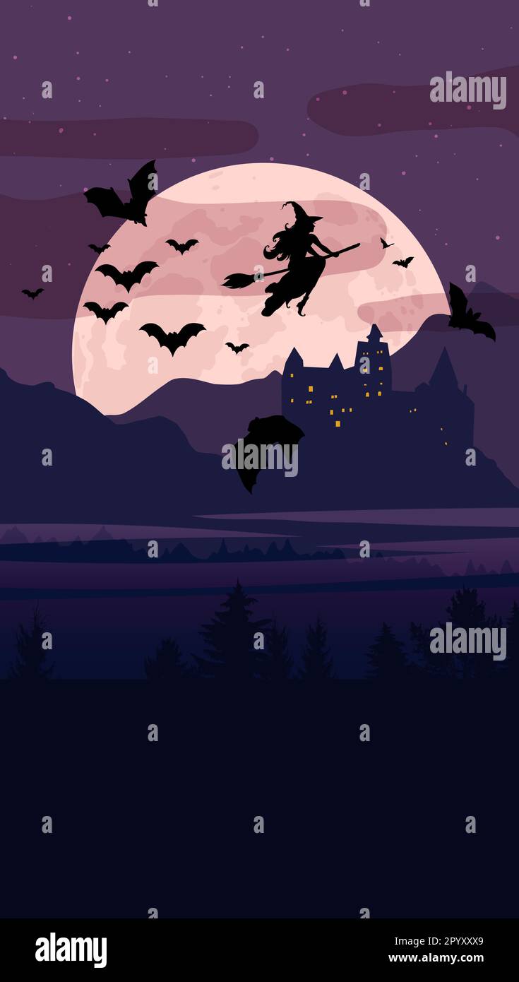 Banner di Halloween, strega volante, castello di draculas Illustrazione Vettoriale