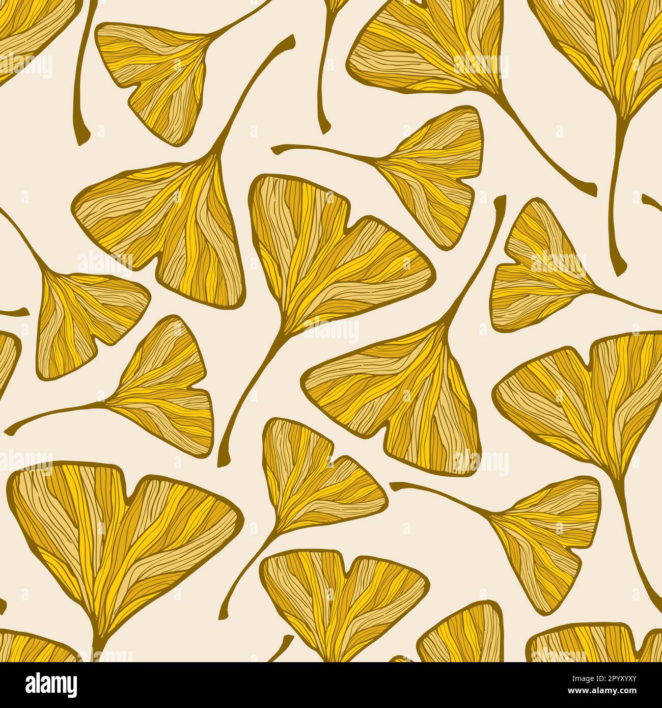 Ginkgo biloba giallo foglie senza cuciture modello vettore disegno. Elementi naturali disegnati a mano su sfondo beige isolato. Per tessuti, wallpap Illustrazione Vettoriale