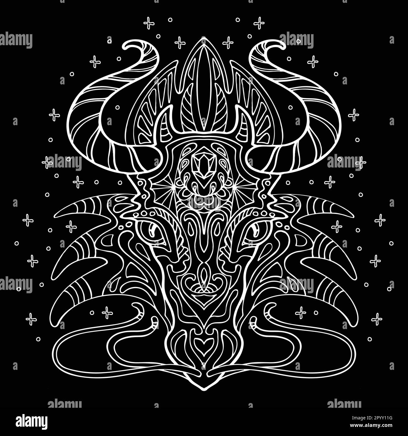 Vettore decorativo doodle drago ornamentale. Astratto vettore illustrazione testa di Dragon bianco contorno isolato su sfondo nero. Illustrazione di un Illustrazione Vettoriale