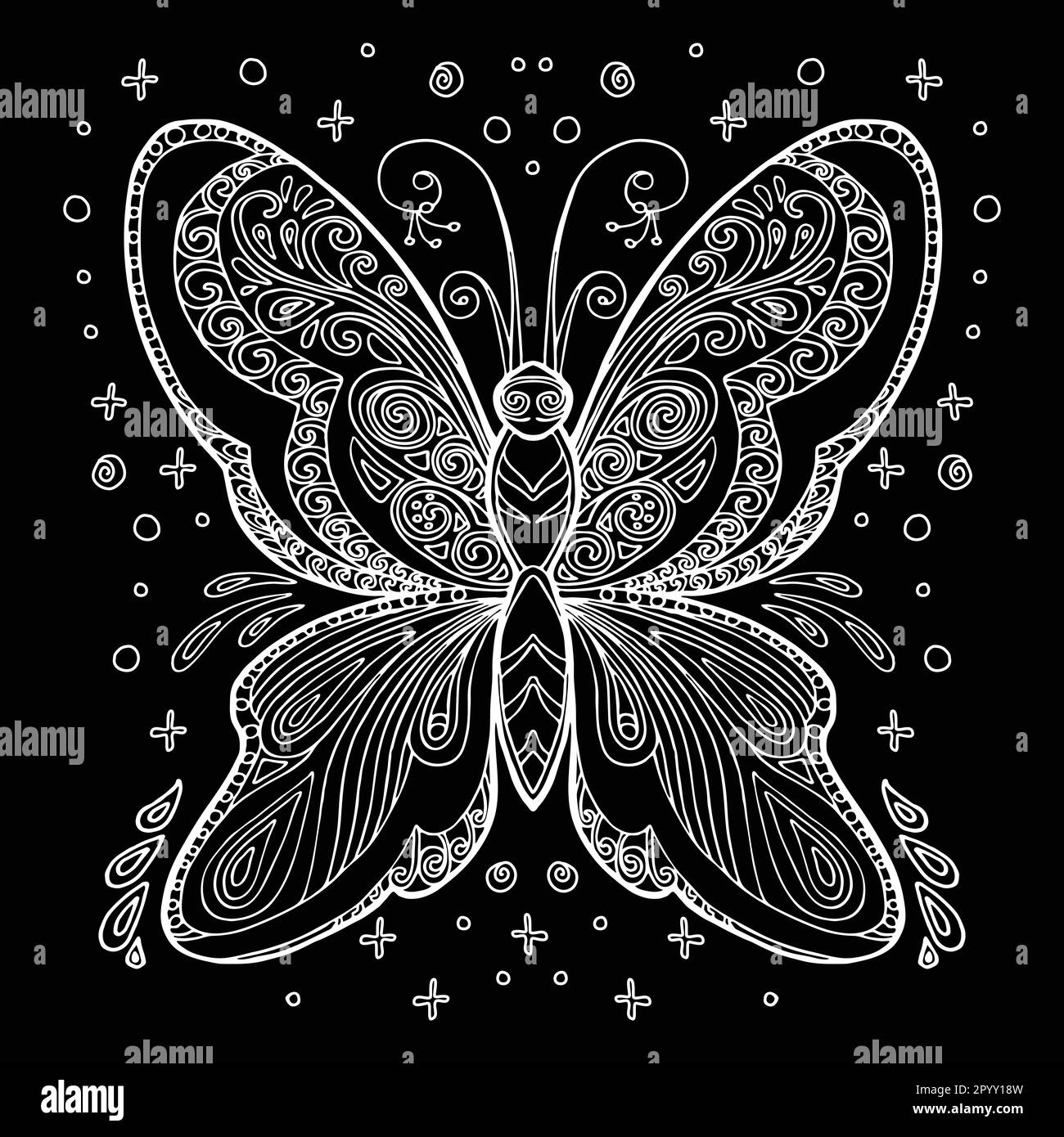 Vettore decorativo doodle farfalla ornamentale. Illustrazione vettoriale astratta del contorno bianco farfalla isolato su sfondo nero. Illustrazione per Illustrazione Vettoriale