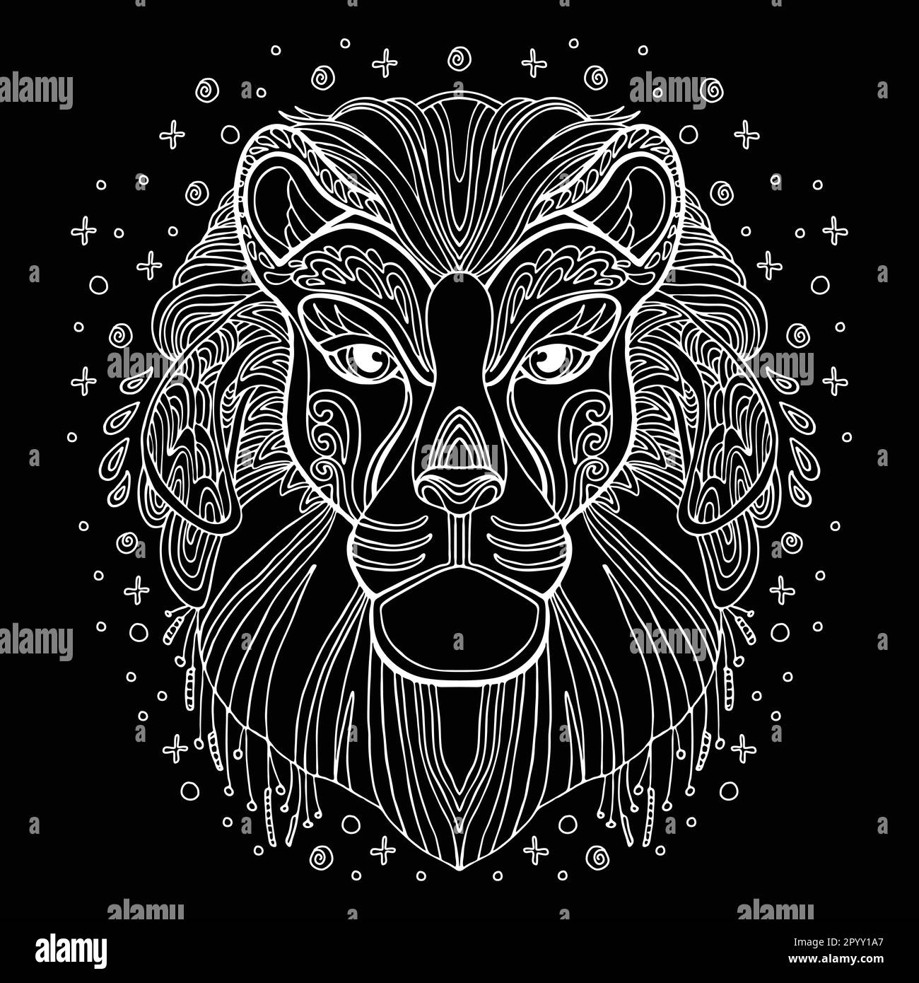 Vettore decorativo doodle ornamentale testa di leone. Illustrazione vettoriale astratta del contorno bianco leone isolato su sfondo nero. Illustrazione per adulti Illustrazione Vettoriale