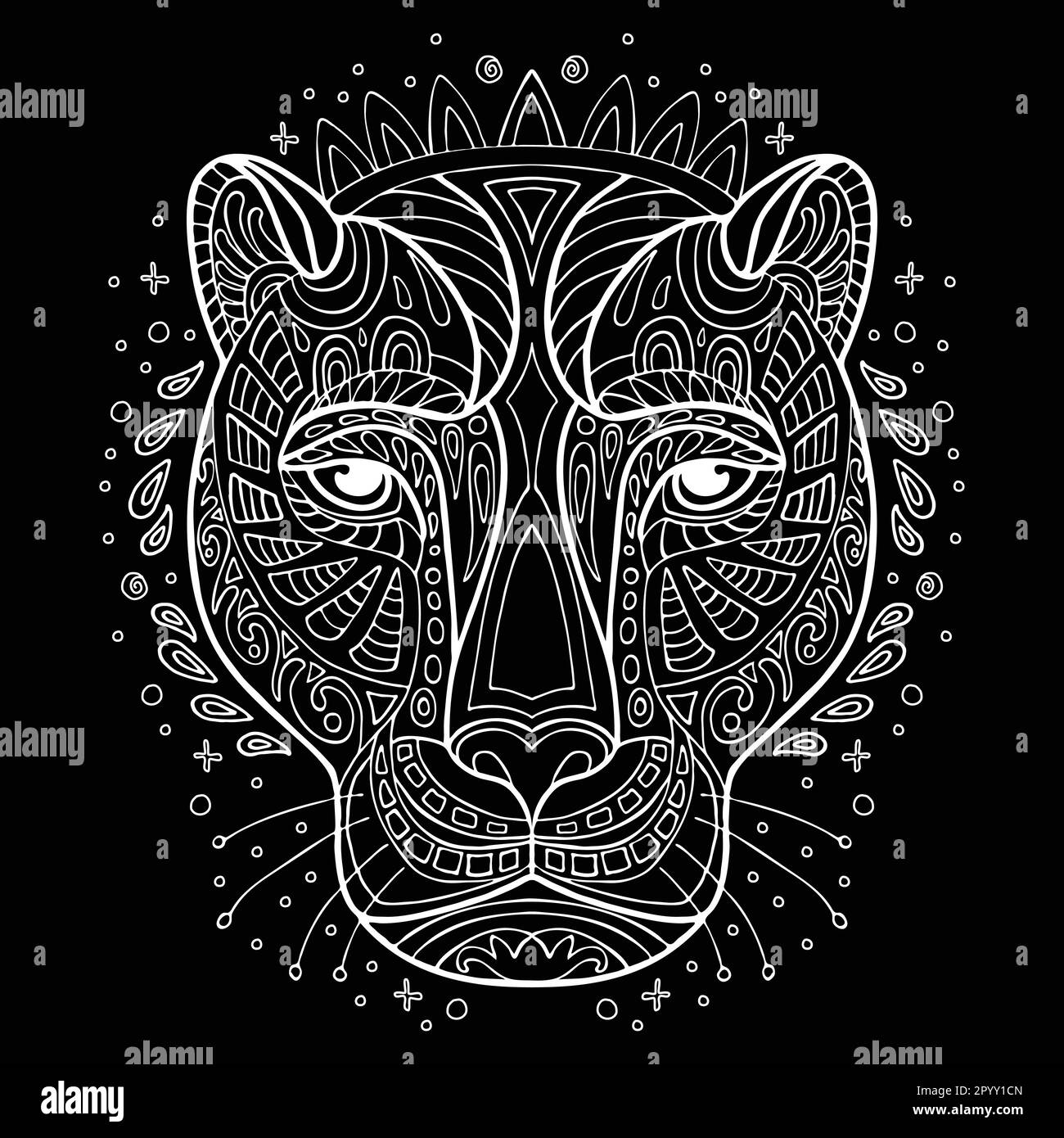 Vettore decorativo doodle ornamentale Panther testa. Illustrazione vettoriale astratta del contorno bianco Panther isolato su sfondo nero. Illustrazione per Illustrazione Vettoriale