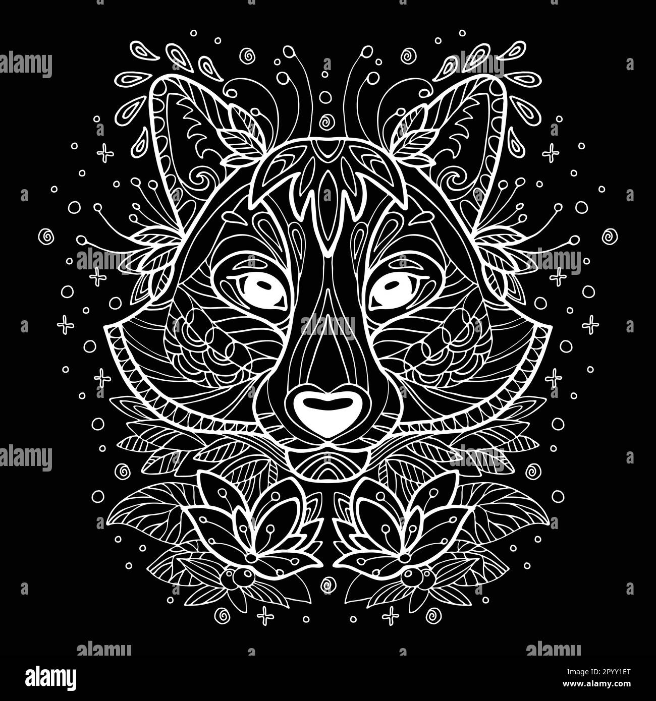 Vettore decorativo doodle ornamentale testa di racoon. Illustrazione vettoriale astratta del contorno bianco Racoon isolato su sfondo nero. Illustrazione di un Illustrazione Vettoriale