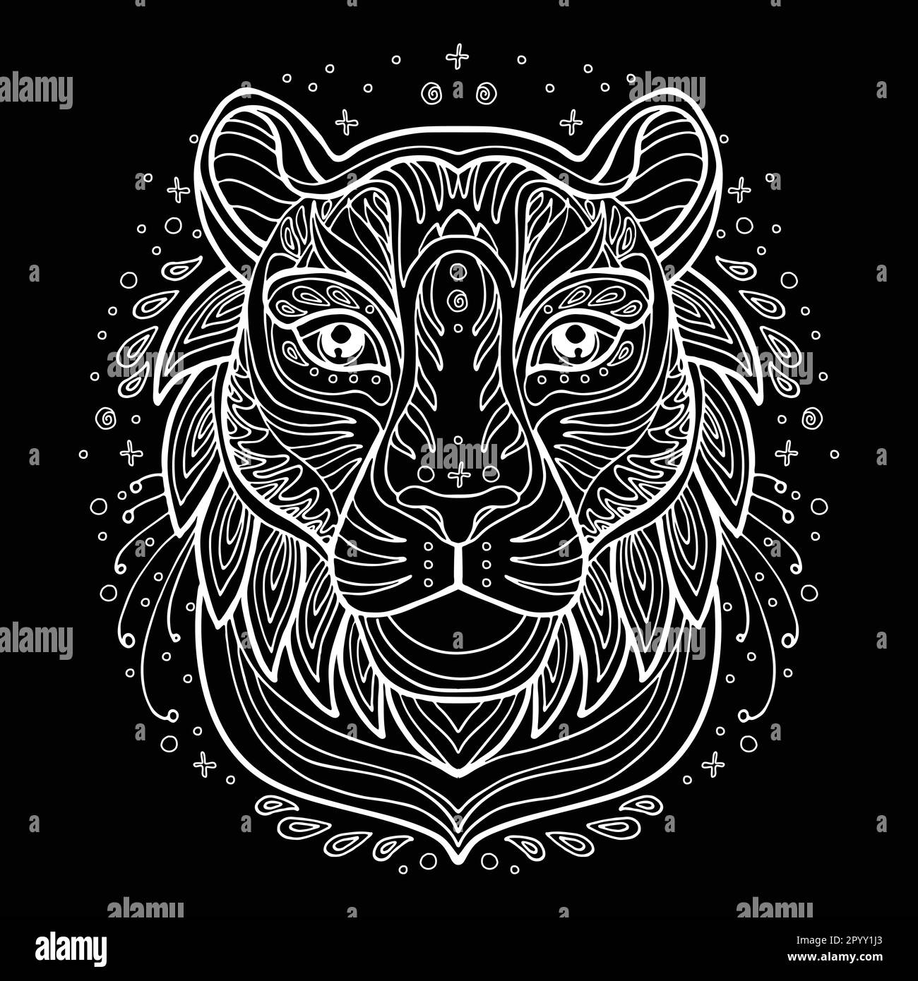 Vettore decorativo doodle ornamentale Tiger testa. Illustrazione vettoriale astratta del contorno bianco Tiger isolato su sfondo nero. Illustrazione per adu Illustrazione Vettoriale