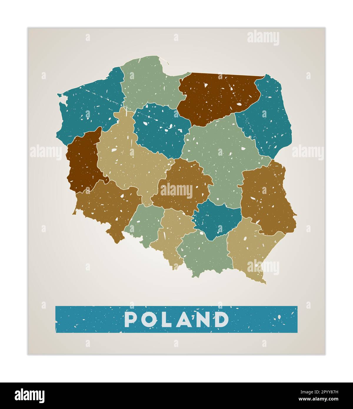 Mappa della Polonia. Poster del paese con le regioni. Vecchio grunge texture. Forma della Polonia con nome del paese. Illustrazione vettoriale trendy. Illustrazione Vettoriale