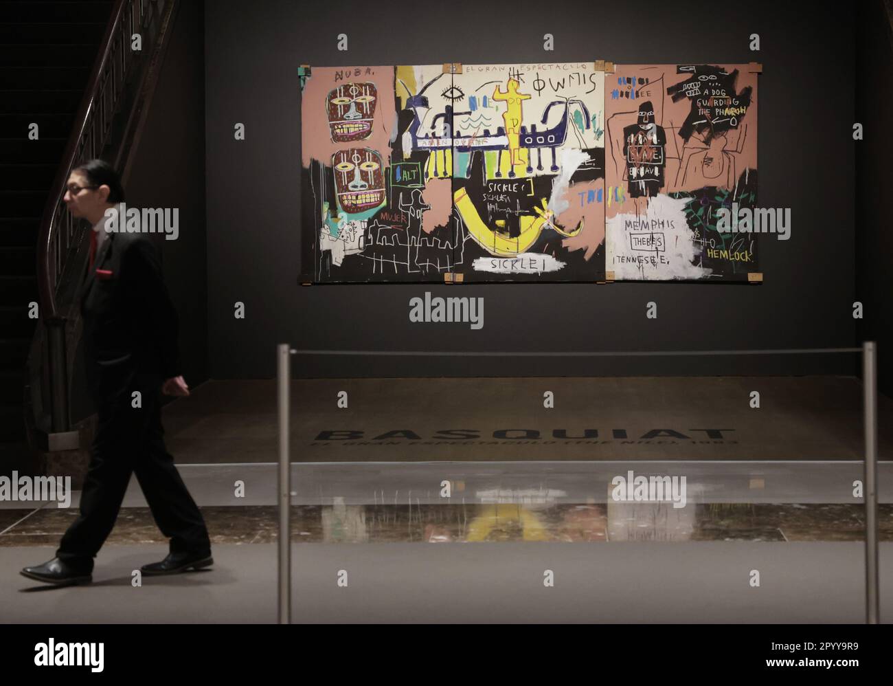 New York, Stati Uniti. 05th maggio, 2023. El Gran Espectaculo (il Nilo), un capolavoro dell'euvre di Jean-Michel Basquiat è in mostra per le prossime vendite serali del 20th e 21st secolo a Christie's venerdì 5 maggio 2023 a New York City. Foto di John Angelillo/UPI Credit: UPI/Alamy Live News Foto Stock
