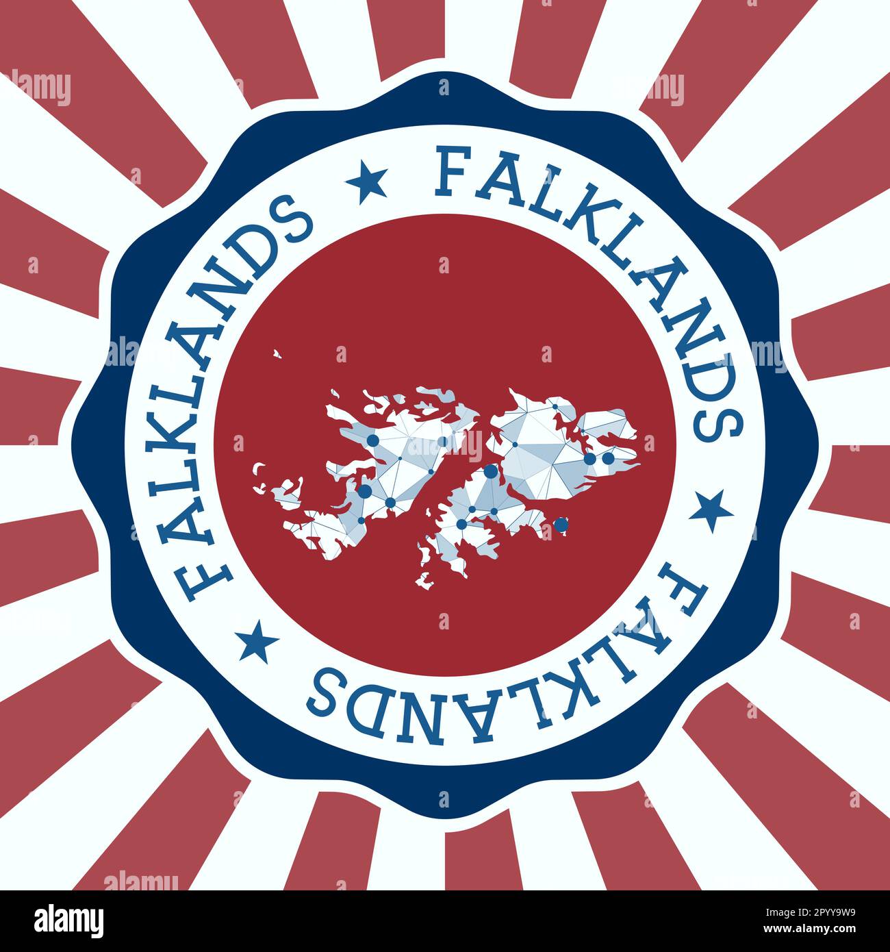 Distintivo Falklands. Logo rotondo di paese con mappa a maglia triangolare e raggi radiali. Vettore EPS10. Illustrazione Vettoriale