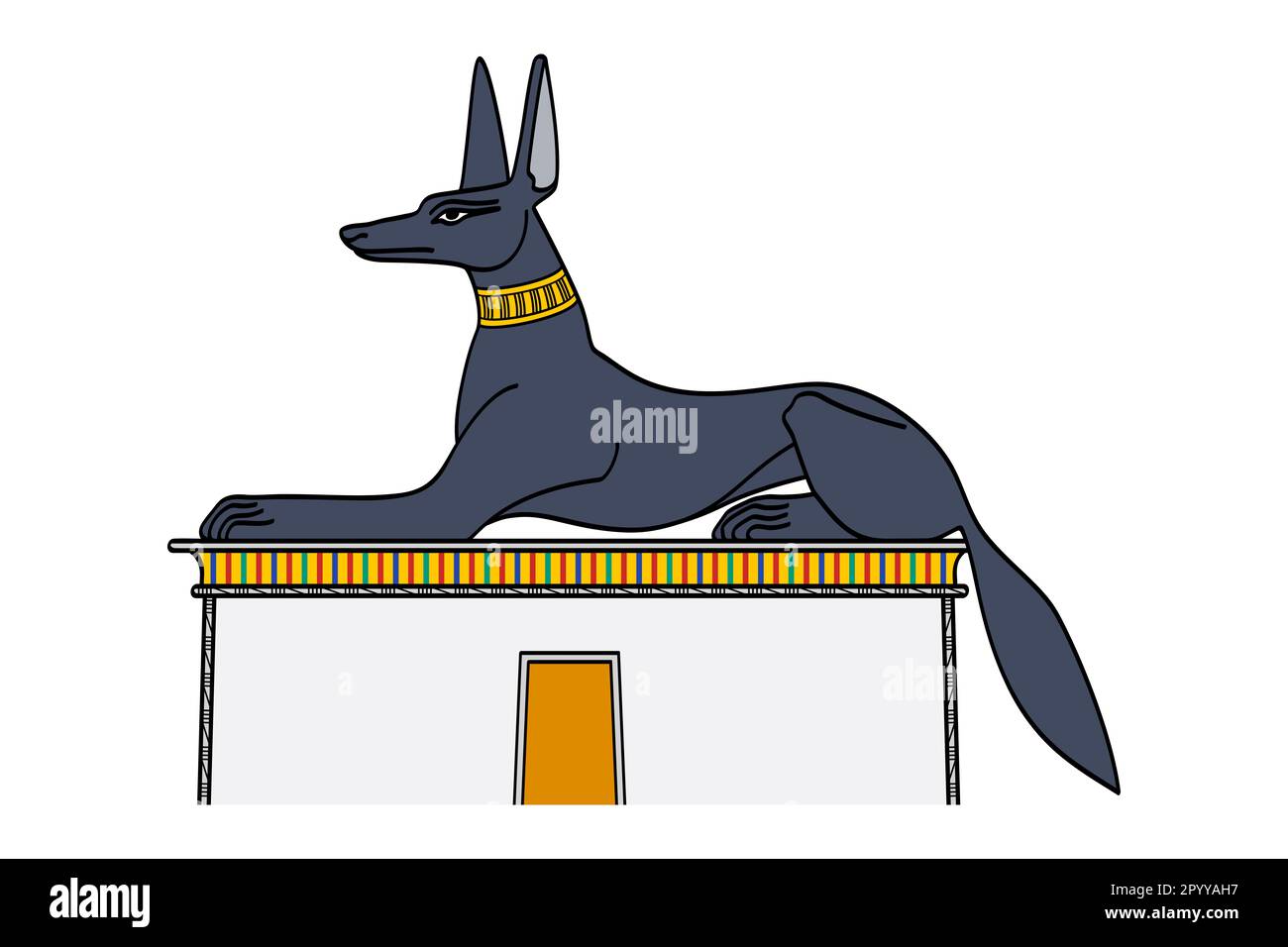 Anubis come uno sciacallo, appollaiato in cima a una tomba. Nella religione egiziana antica dio dei riti funerari, protettore delle tombe, e guida al mondo sotterraneo. Foto Stock