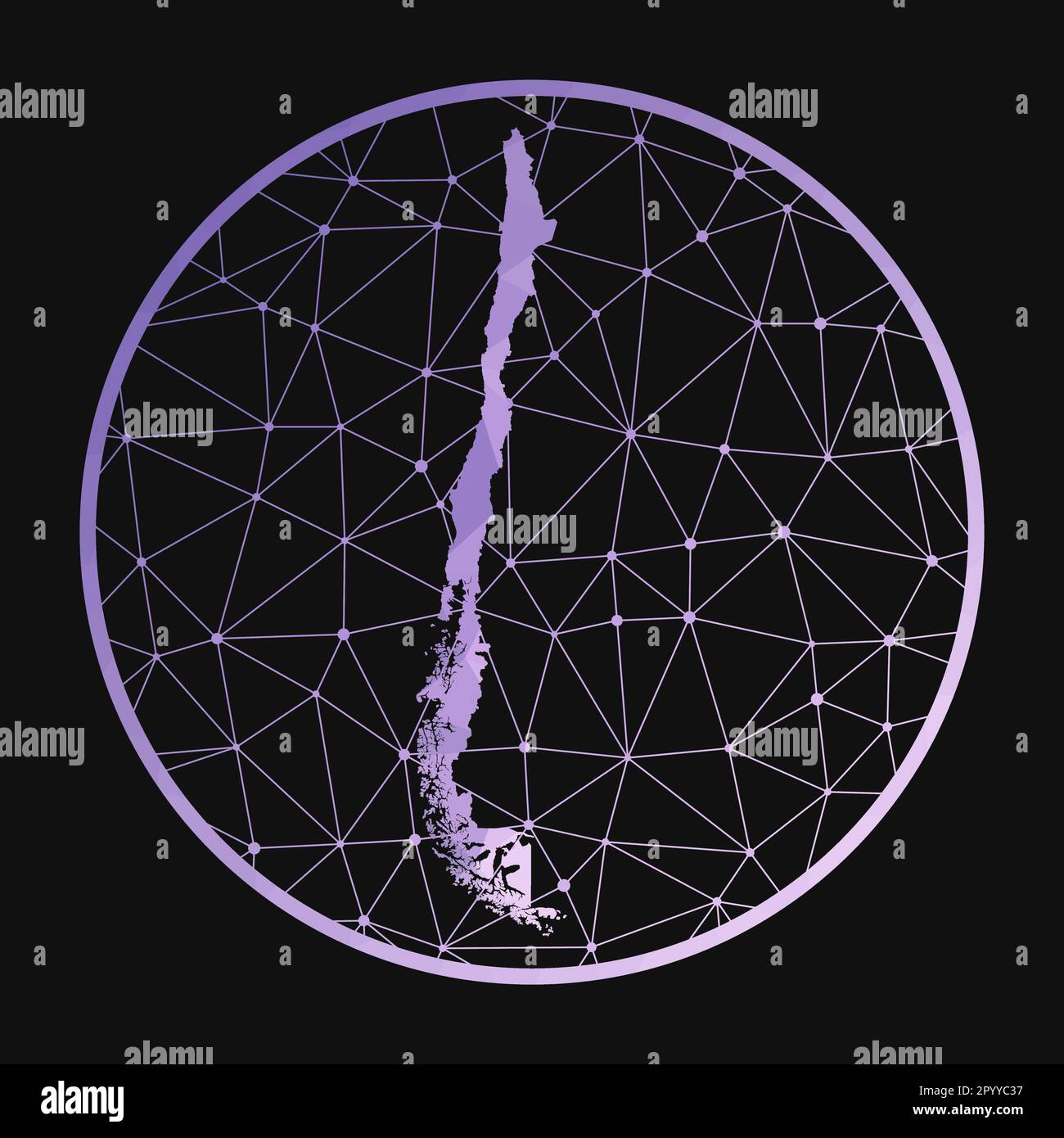 Icona Cile. Mappa poligonale vettoriale del paese. Icona del Cile in stile geometrico. La mappa del paese con un basso gradiente di poly viola su sfondo scuro. Illustrazione Vettoriale