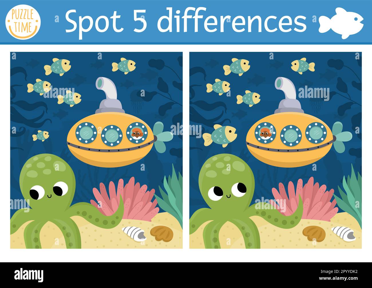 Trova gioco differenze per i bambini. Attività educativa sotto il mare con scena carina, sottomarino, polpo. Puzzle Ocean life per bambini con acqua anim Illustrazione Vettoriale