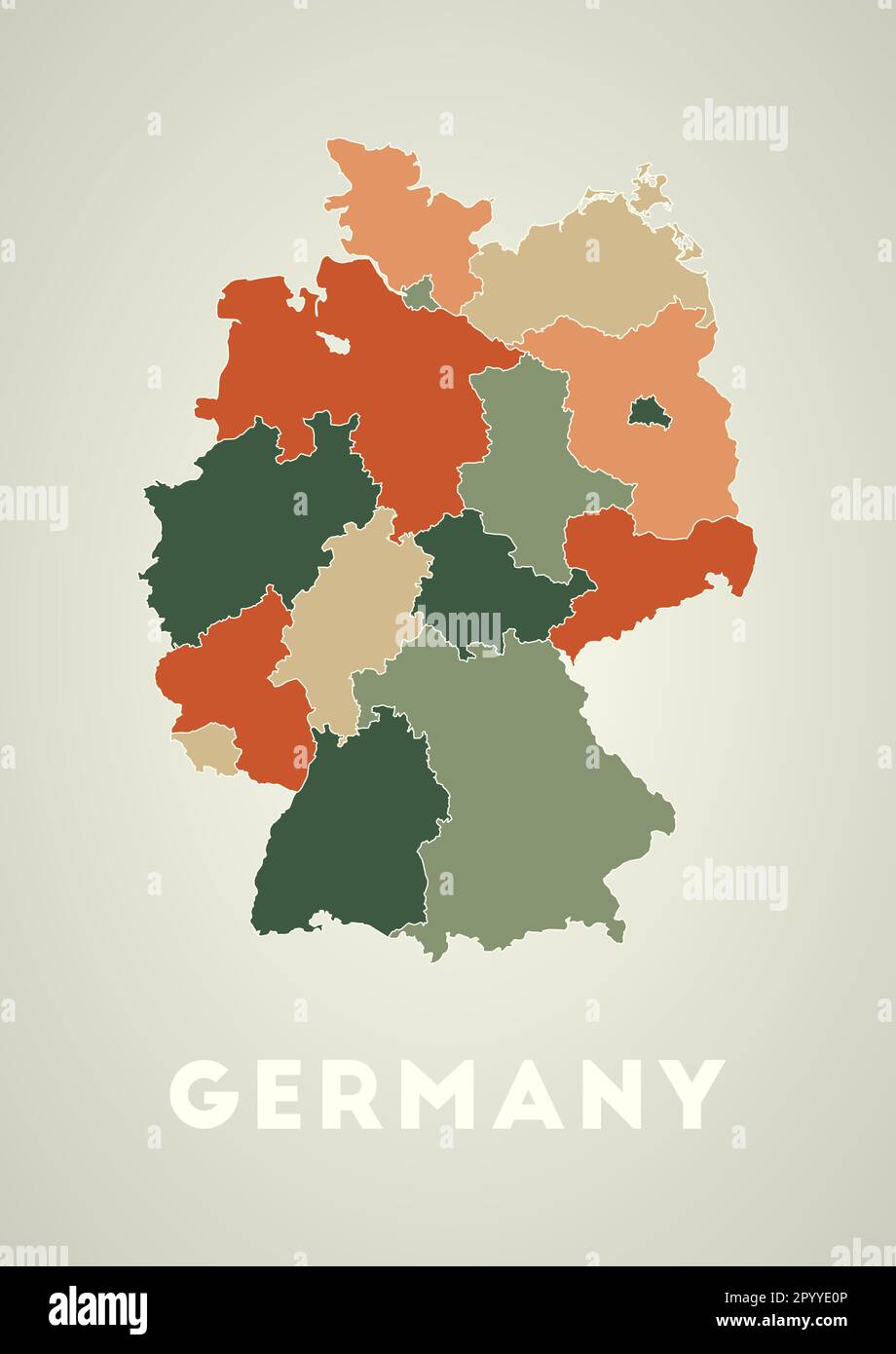 Poster della Germania in stile retrò. Mappa del paese con regioni nella tavolozza dei colori autunnali. Forma della Germania con nome del paese. Illustrazione Vettoriale