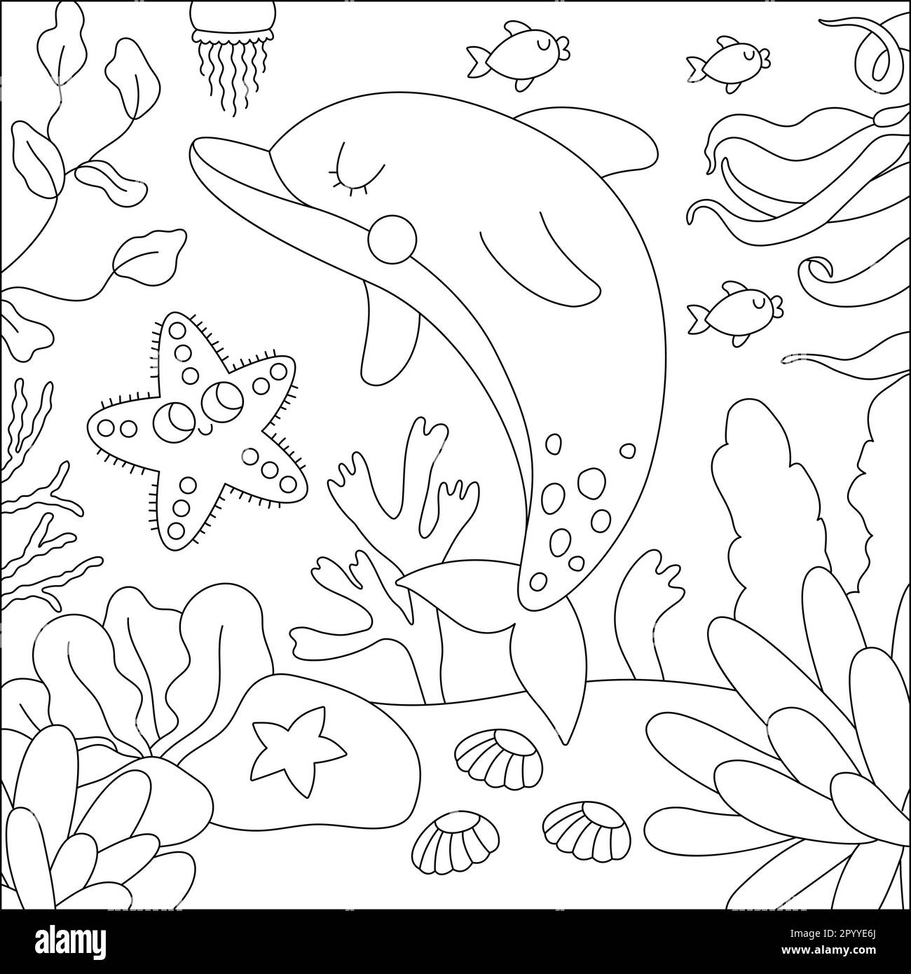Immagine vettoriale in bianco e nero sotto il mare con delfini e stelle marine. Scene di vita oceanica con sabbia, alghe, coralli, barriere coralline. Carino Illustrazione Vettoriale