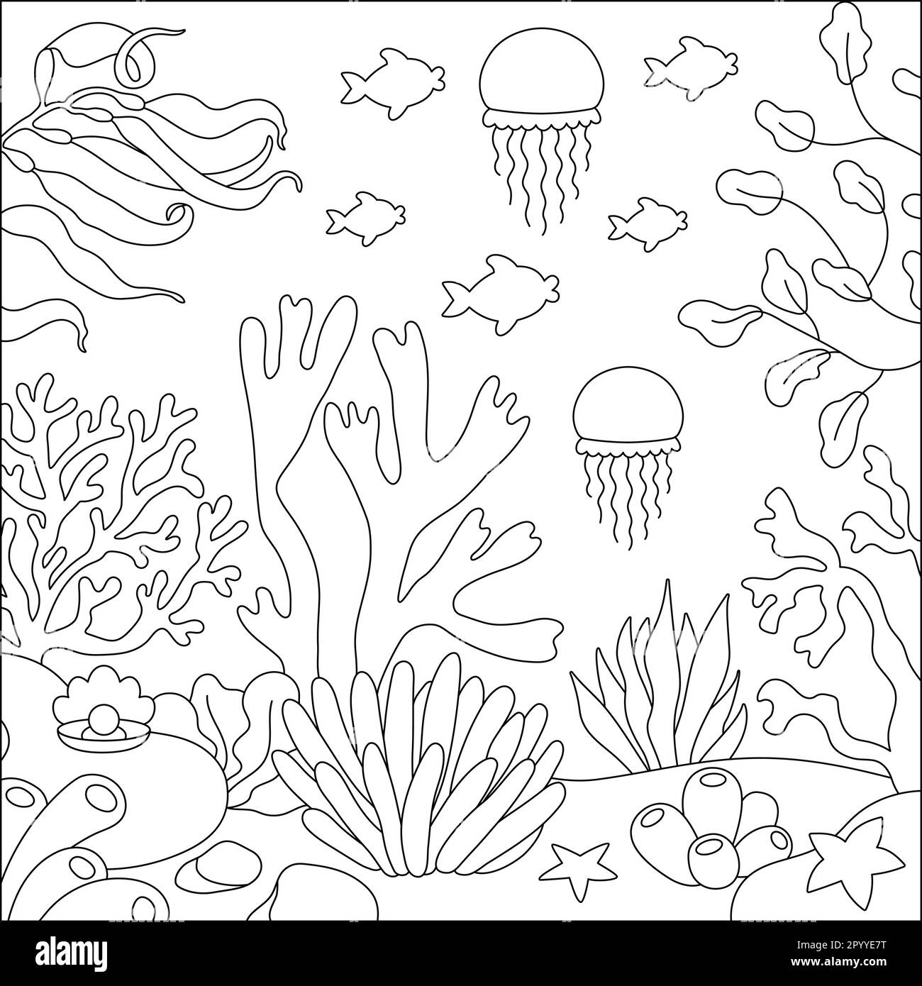 Immagine vettoriale in bianco e nero sotto il mare. Scene di vita oceanica con sabbia, alghe, pietre, coralli, barriere coralline. Carino piazza acqua Europa Illustrazione Vettoriale